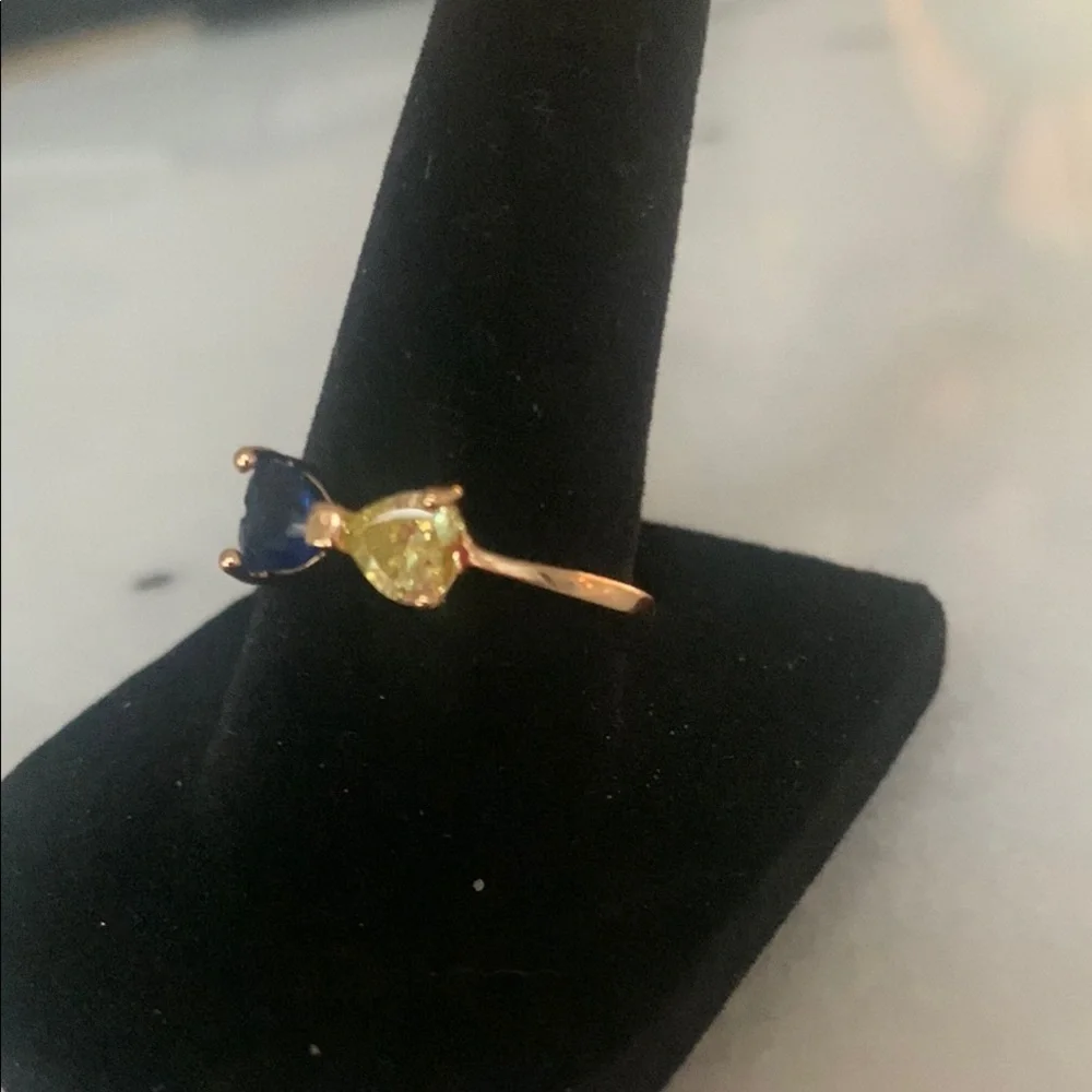 NEW  HIGH END 18k Rose Gold Plated Hearts Ring with Blue and Yellow Stones. #8